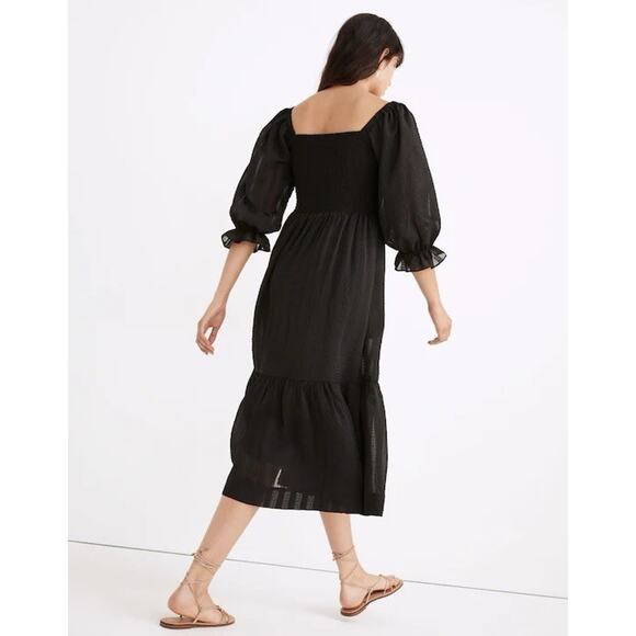 Madewell Women's Lucie Elbow-Sleeve Smocked Midi Dress XXS Black - Picture 7 of 9